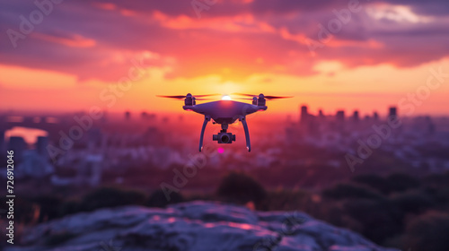 Drone in the air during colorful sunset. Recording video footage of beautiful scenery.