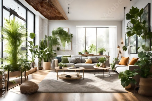 A well-lit living space adorned with a variety of lush indoor plants  creating a refreshing and vibrant atmosphere in a modern home