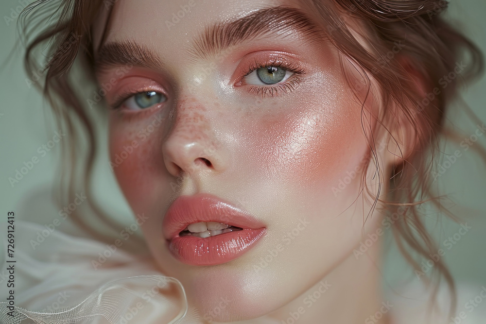 Beautiful young woman with peach makeup and freckles. Trendy style clean girl. Beautiful young woman with peach makeup and freckles. Trendy style clean girl.