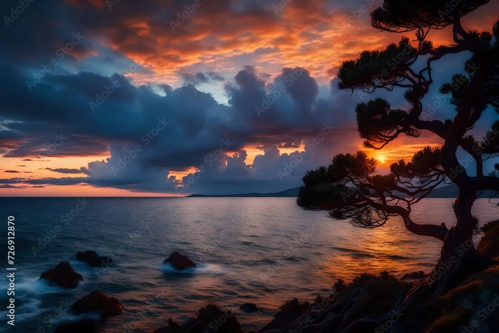 Dramatic sunset over the sea and pine branchs. Nature background