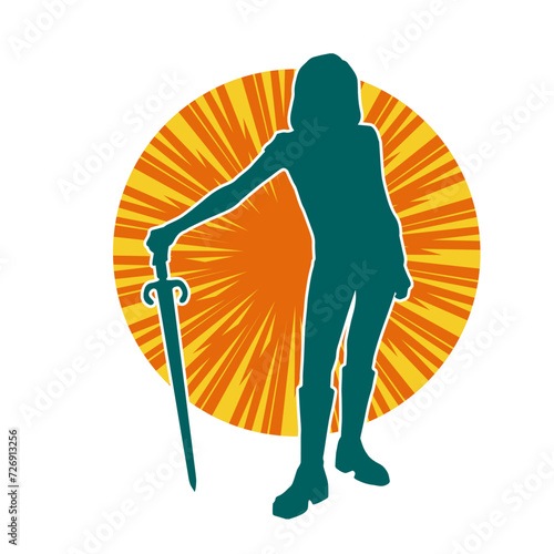 Silhouette of a female fighter in action pose carrying sword weapon.
