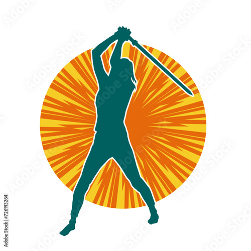 Silhouette of a female fighter in action pose carrying sword weapon.
