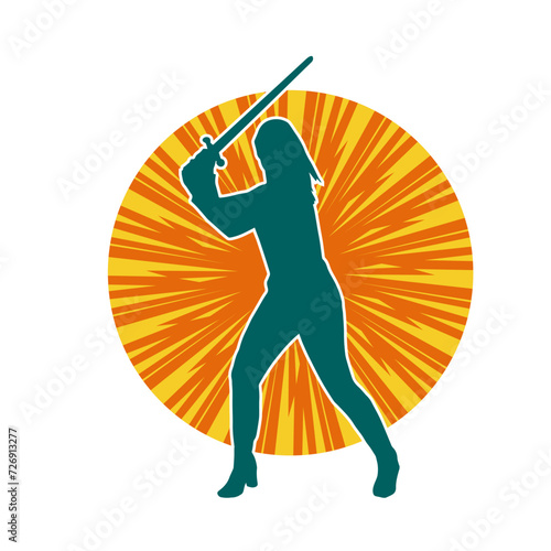 Silhouette of a female fighter in action pose carrying sword weapon.
