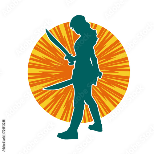 Silhouette of a female fighter in action pose carrying sword weapon.
