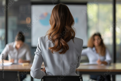 Back view of a female executive leading a corporate meeting. photo