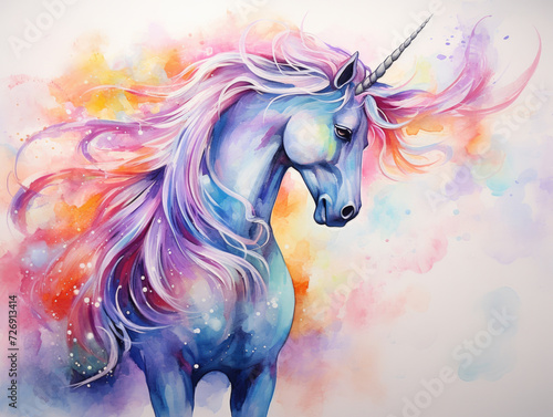 Vibrant watercolor painting of a unicorn with a colorful mane.