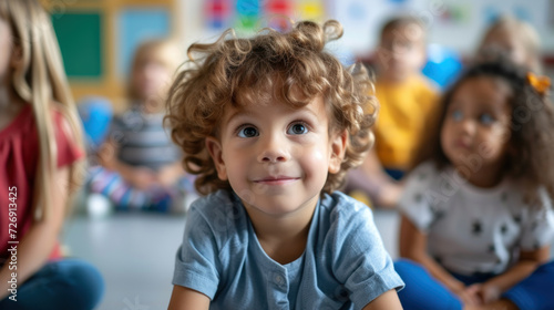 Young boy with curly hair smiling in a preschool classroom. © SERHII