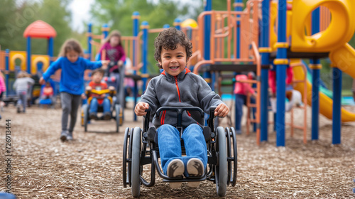 Child in wheel chair with a disability playing on an accessible playground. photo