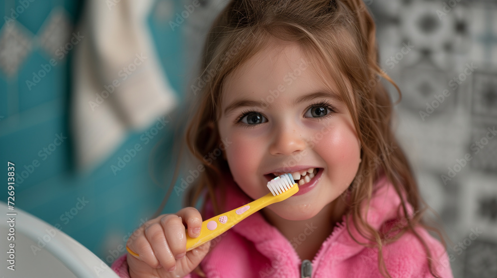 Tooth brush routine, young girl brushing her teeth with a yellow brush. Tooth brush routine, young girl brushing her teeth with a yellow brush.