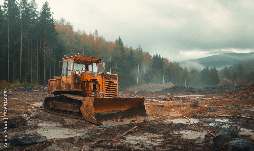 land clearing - bulldozers clear forests for industry - obrazy, fototapety, plakaty 