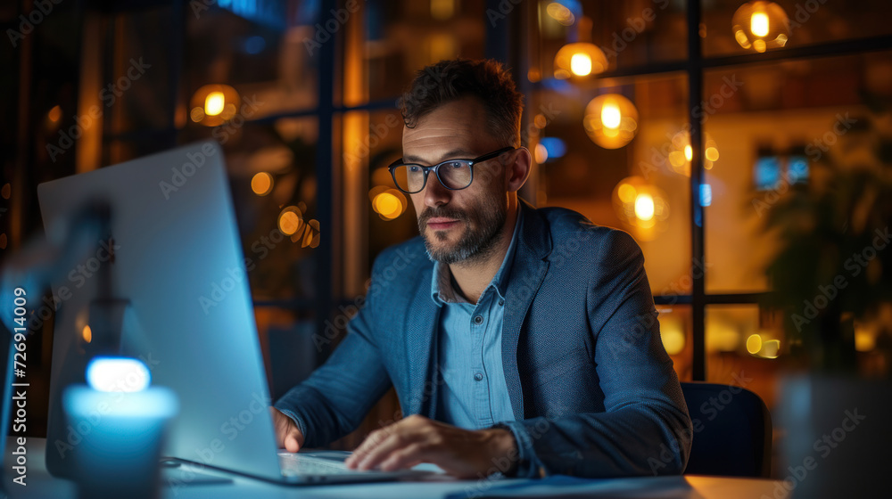 Man in eyeglasses using laptop at night with warm bokeh lights. Man in eyeglasses using laptop at night with warm bokeh lights.