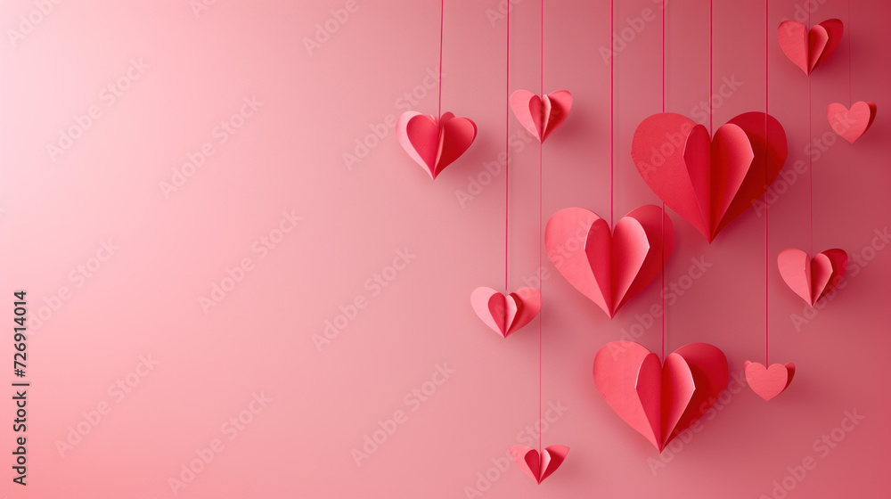 Red paper hearts on pink background.