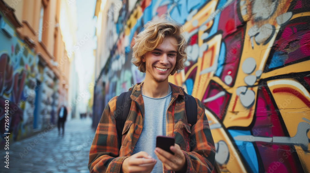 Cheerful young man with curly blonde hair using a smartphone against a colorful graffiti backdrop.