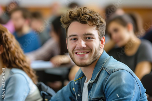 Smiling young man in denim jacket sitting in a university classroom.