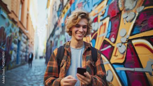Cheerful young man with curly blonde hair using a smartphone against a colorful graffiti backdrop. © SERHII