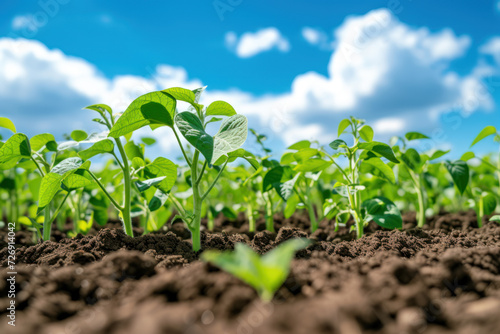 Vibrant soybean sprouts growing in fertile farm soil against a clear blue sky backdrop.
