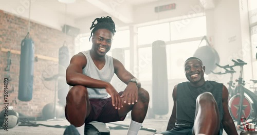 Men, high five and friends in gym, fitness and face with pride, respect and happy for training together. African guy, black people and smile for workout, exercise and teamwork with cheers for health photo