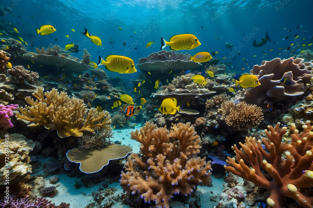 Naklejka premium The symphony of coral reefs and colorful fishes