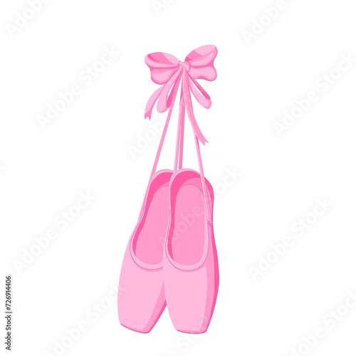 Ballet shoes hang on silk ribbon with bow illustration. Cartoon isolated points of ballerina hanging on wall. © Ольга Онега