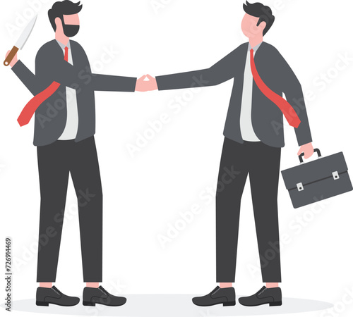Two businessmen shaking hands. Businessman holding knife behind his back, treacherous deal or betrayal metaphor

