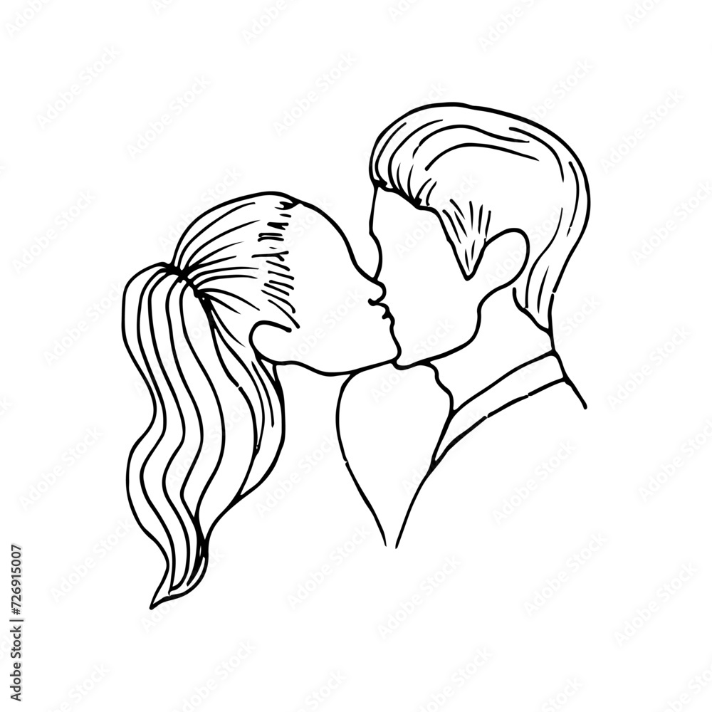 hand drawn illustration of a profile of a man and woman kissing. drawing. heterosexual couple kissing doodle style drawing