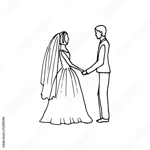 hand drawn illustration of newlyweds holding hands standing opposite each other. wedding drawing in doodle style