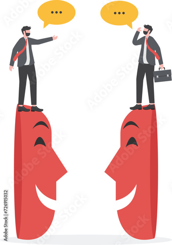 liar or suspicion fraud, betrayal or disguise deal. Businessman shaking hands with his partner hiding behind mask

