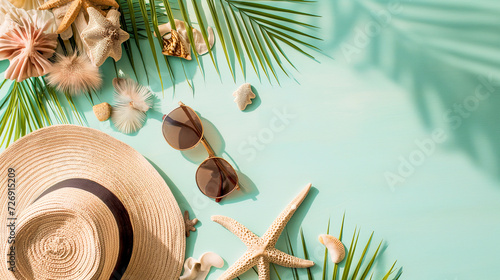 Summer flat lay with straw hat, sunglasses and beach accessories on pastel green background with palm leaf, sun, sunlight and shadow