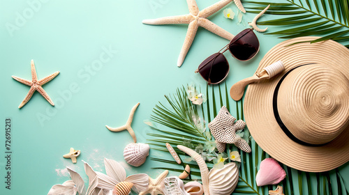 Summer flat lay with straw hat, sunglasses and beach accessories on pastel green background with palm leaf, sun, sunlight and shadow. Vacation, holiday, minimal travel fashion concept, copy space