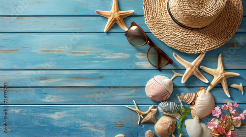 Summer flat lay with straw hat, sunglasses and beach accessories on old blue wood texture background with palm leaf, sun, sunlight and shadow. Vacation, holiday, minimal travel fashion concept