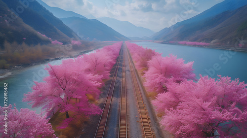 A beautiful pink sakura flower tree landscape with a dirt road going through it.