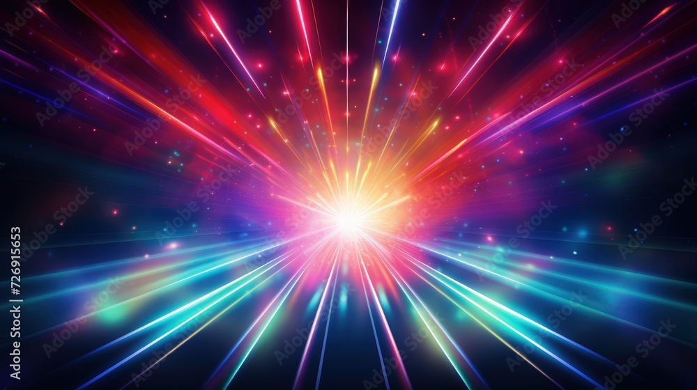 Disco light explosion with a spotlight center, spiral light beam, and vibrant rainbow colors in the illustration Disco light explosion with a spotlight center, spiral light beam, and vibrant rainbow colors in the illustration