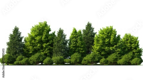Cutout tree line. A row of green trees and shrubs in summer on a white background.