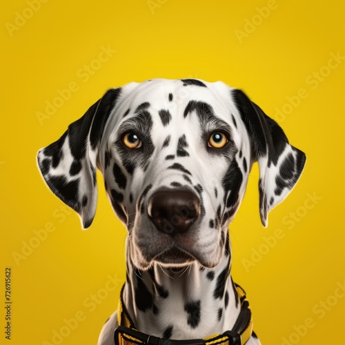 A close-up shot of a Dalmatian stands out against a vibrant yellow background