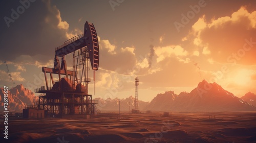 Illustration of oil drilling derricks, industrial machines for petroleum, against the backdrop of a vibrant sunset. photo