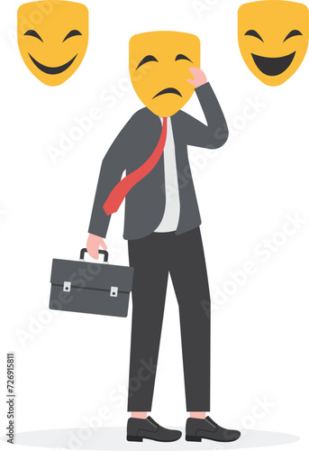 Masked businessman hides his true feelings behind him. Hypocrisy, fraud, lie and insincerity concept.

