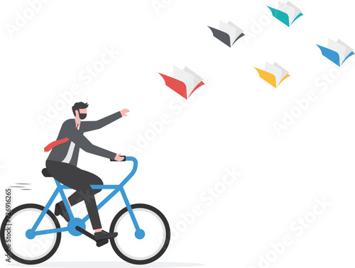 Learning aspiration concept. Businessman riding a bicycle according to a flying book

