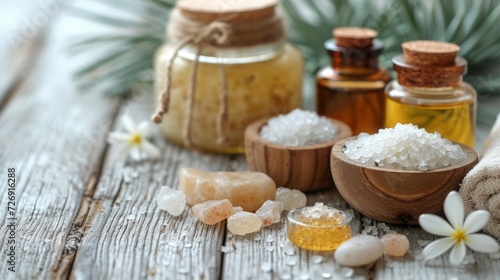 beauty treatment items for spa procedures on white wooden table. massage stones, essential oils and sea salt. 