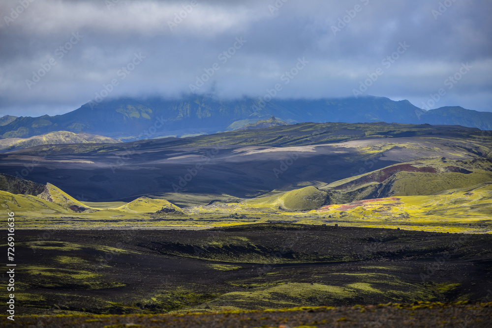 A view from the road approaching the Lakagígar crater row, Central Highlands of Iceland.