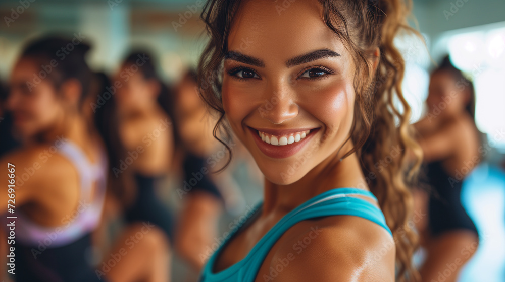 Group of women working out inside dance studio. Fitness exercises.