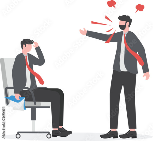 Blame other people, work pressure at the office concept. An annoyed manager yells at employees using a megaphone.


