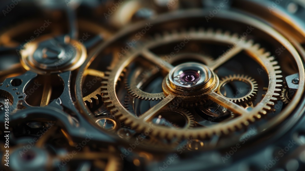 Golden clock mechanism, macro photography. Hyper-realistic style.