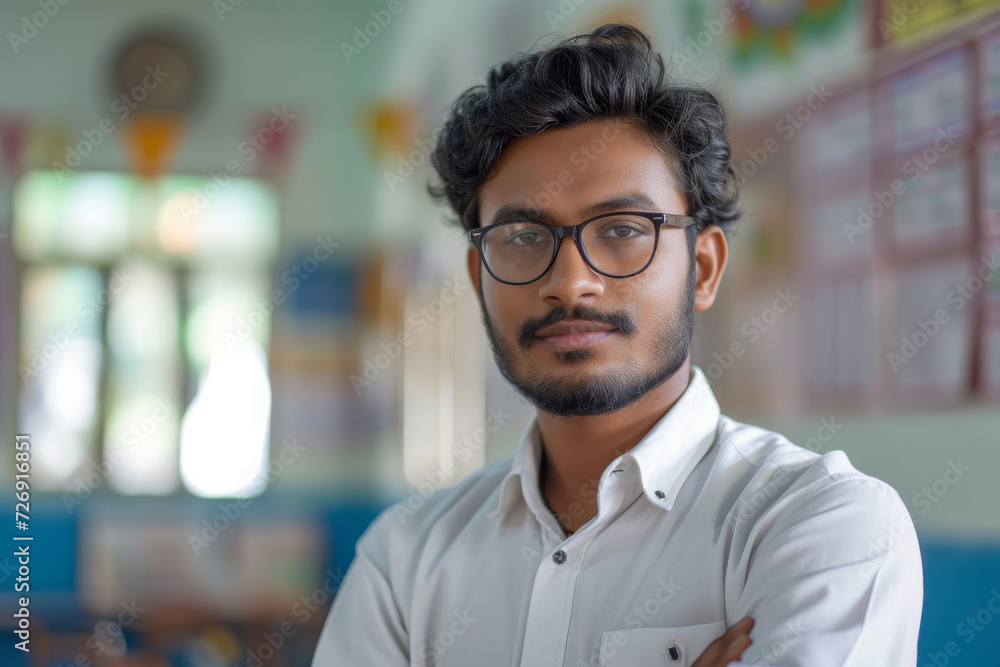 Confident Scholar in Classroom Environment.
Young man with glasses standing confidently in a classroom. Confident Scholar in Classroom Environment.
Young man with glasses standing confidently in a classroom.