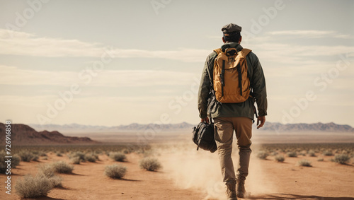Explorer carrying a backpack walking through the destination