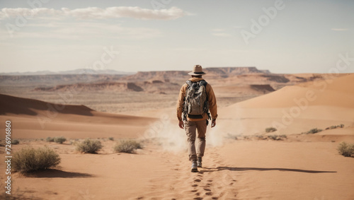 Explorer carrying a backpack walking through the destination