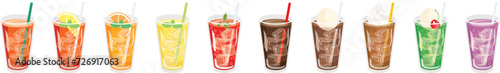 アイスコーヒーやジュースのソフトドリンクのラインイラスト