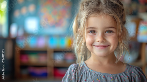 Childhood Innocence and Joy. Smiling young girl in classroom setting, embodying childhood cheerfulness. © AI Visual Vault