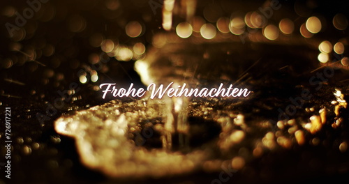 Image of frohe wihnachten text over gold liquid falling on black background