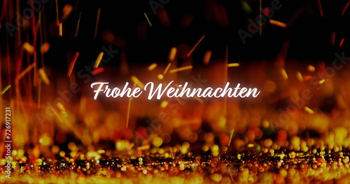Image of frohe wihnachten text over orange particles falling on black background