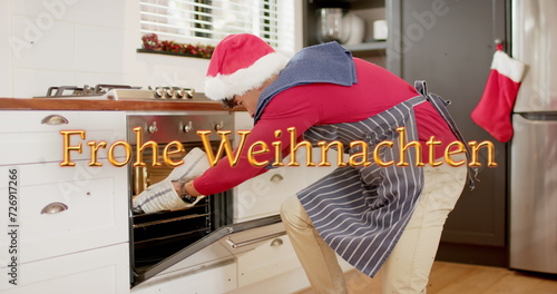 Image of frohe wihnachten text over cacusain woman baking at christmas